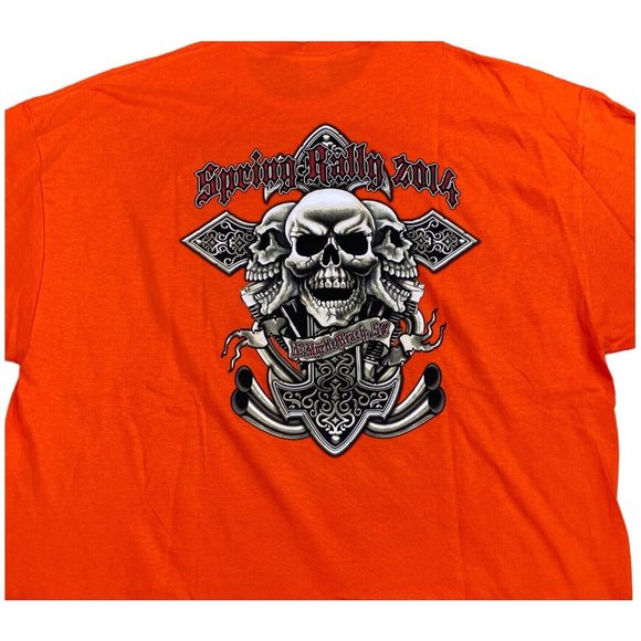 Spring Bike Rally 2014 T-Shirt 2XL N. Myrtle Beach SC Orange Skull Pipes NWOT - Picture 3 of 6